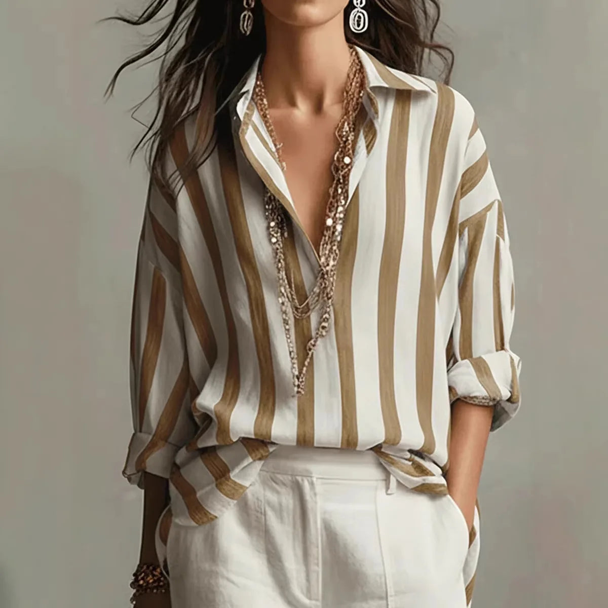 Grace - Chic Women's Striped Linen Blouse with Open V-Neck and Long Sleeves