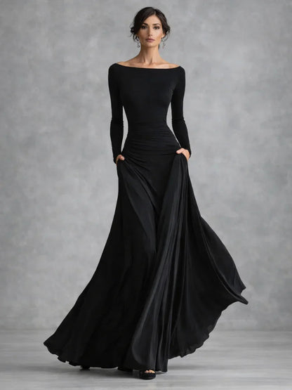Grace - Elegant Women's Maxi Dress with Boat Neck and Long Sleeves
