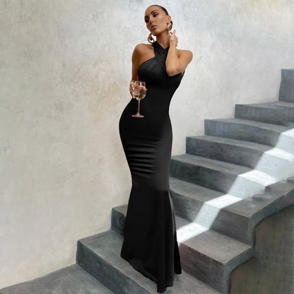 Grace - Elegant Women's Wedding Guest Maxi Dress with Cross Halter Neck and Mermaid Fit