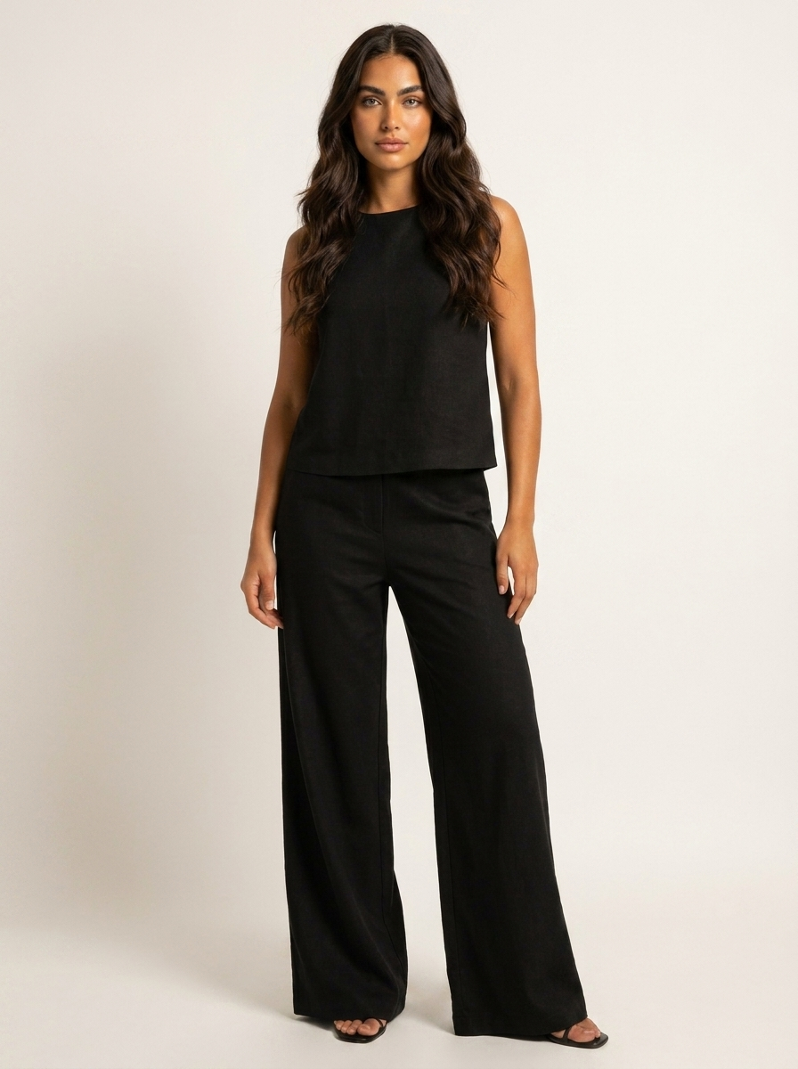 Grace - Smart Women's Linen Set with Cropped Top and Wide-Leg Trousers
