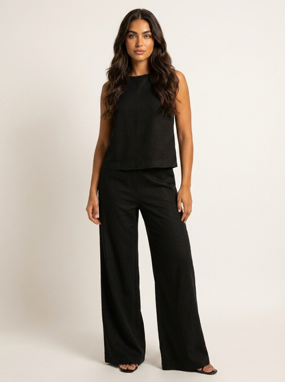 Grace - Smart Women's Linen Set with Cropped Top and Wide-Leg Trousers