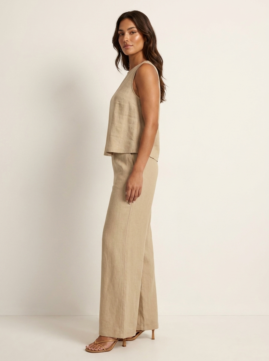Grace - Smart Women's Linen Set with Cropped Top and Wide-Leg Trousers