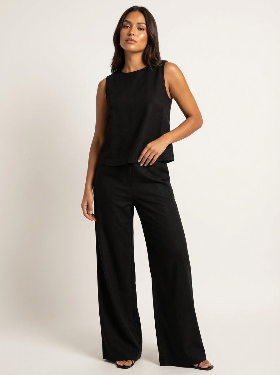 Grace - Smart Women's Linen Set with Cropped Top and Wide-Leg Trousers