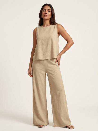 Grace - Smart Women's Linen Set with Cropped Top and Wide-Leg Trousers