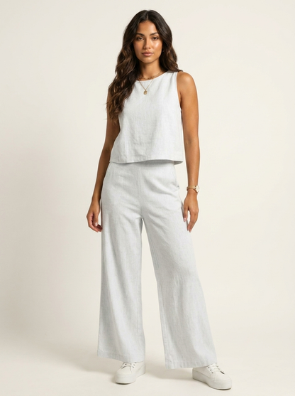 Grace - Smart Women's Linen Set with Cropped Top and Wide-Leg Trousers