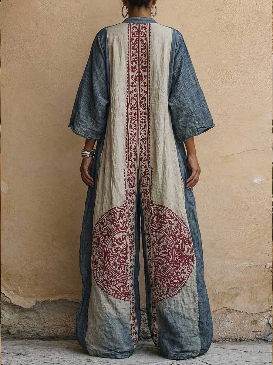 Grace - Vintage Women's Linen Jumpsuit with Medallion Print and Balloon Sleeves