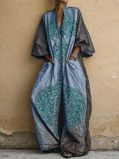 Grace - Vintage Women's Linen Jumpsuit with Medallion Print and Balloon Sleeves