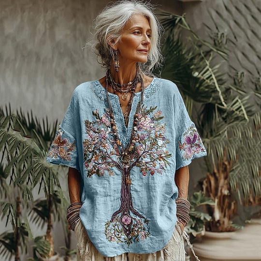 Hannah - Boho Women's Linen Tunic Top with Embroidered Floral Detail