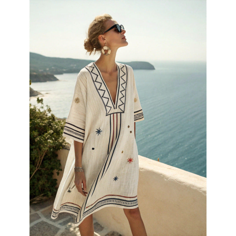 Hannah - Boho Women's Summer Kaftan Dress with V-Neck and Tribal Print