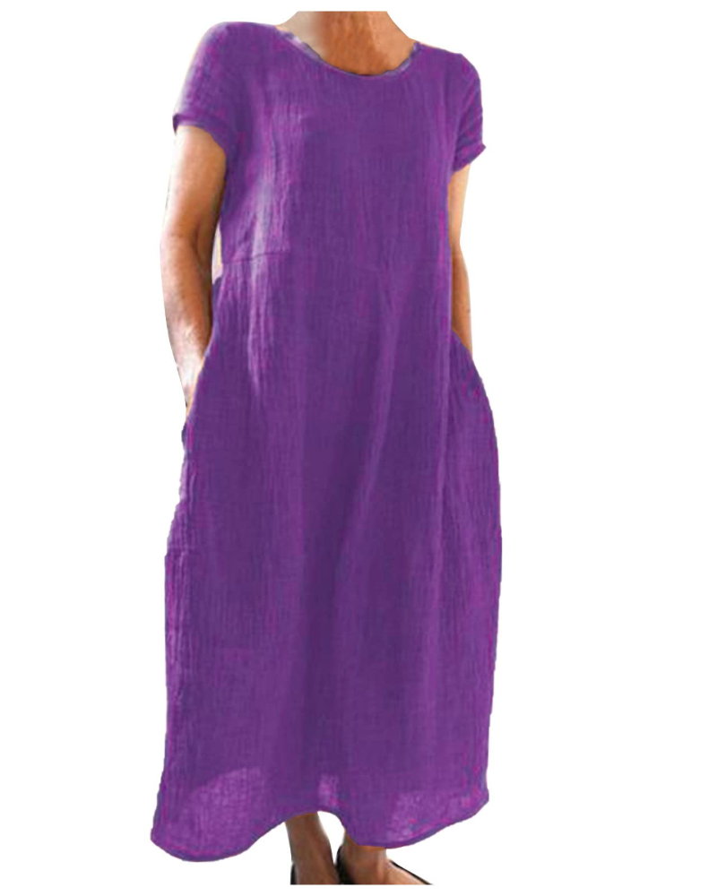 Hannah - Casual Women's Cotton Linen Dress with Short Sleeves and Side Pockets