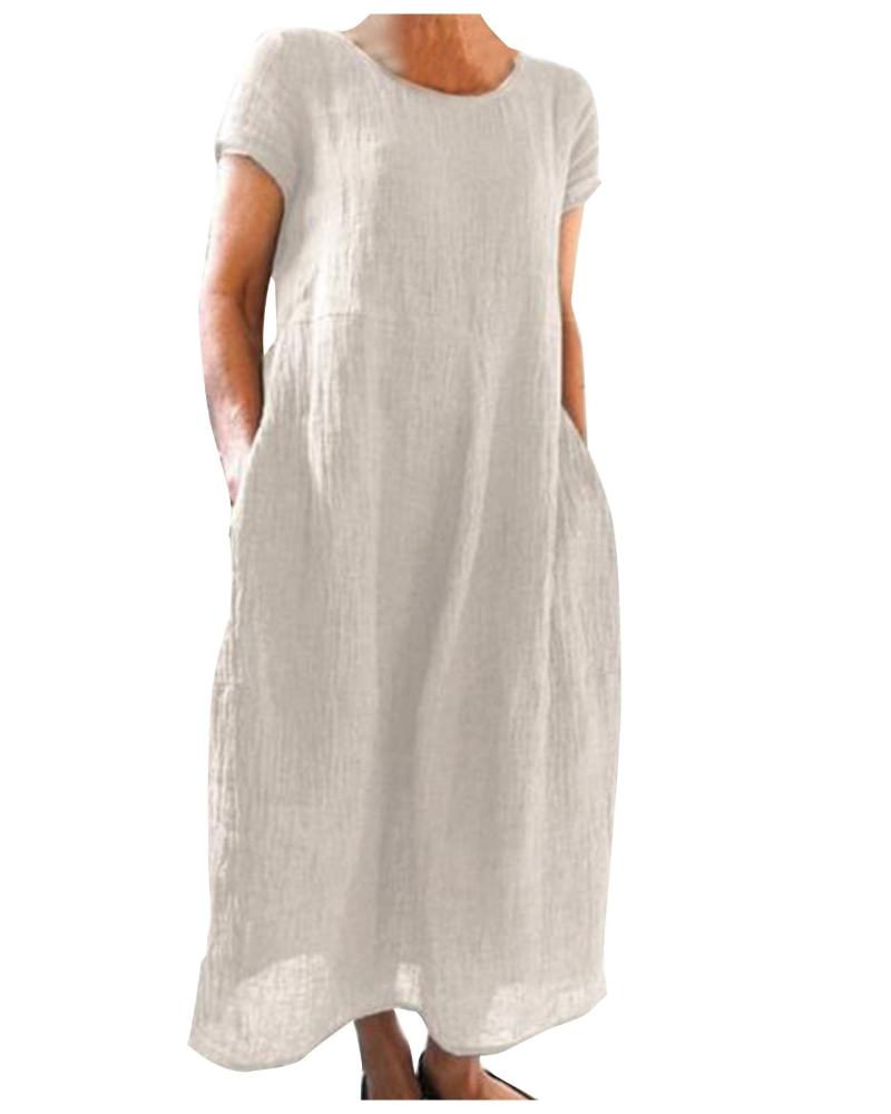 Hannah - Casual Women's Cotton Linen Dress with Short Sleeves and Side Pockets