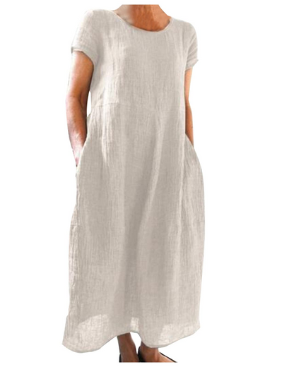 Hannah - Casual Women's Cotton Linen Dress with Short Sleeves and Side Pockets