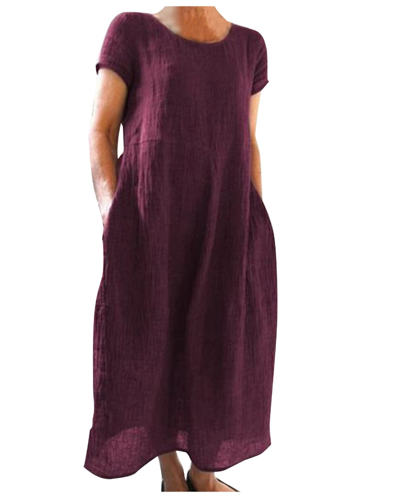 Hannah - Casual Women's Cotton Linen Dress with Short Sleeves and Side Pockets