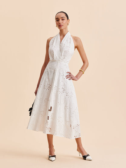 Hannah - Elegant Women's Wedding Guest Midi Dress with Halter Neck and Eyelet Detail