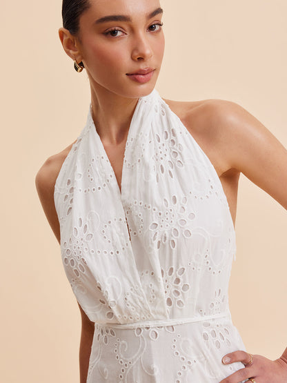 Hannah - Elegant Women's Wedding Guest Midi Dress with Halter Neck and Eyelet Detail