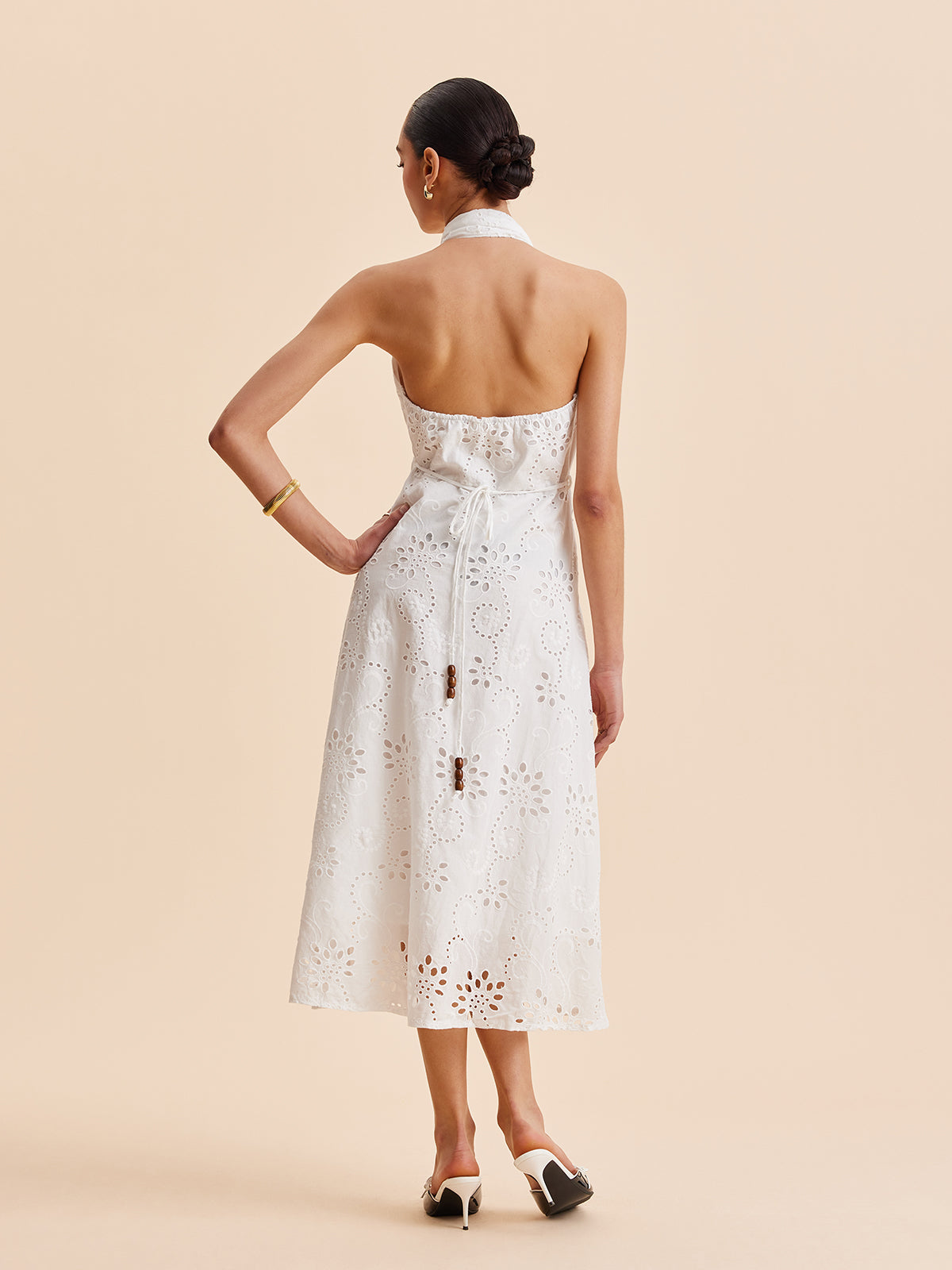 Hannah - Elegant Women's Wedding Guest Midi Dress with Halter Neck and Eyelet Detail