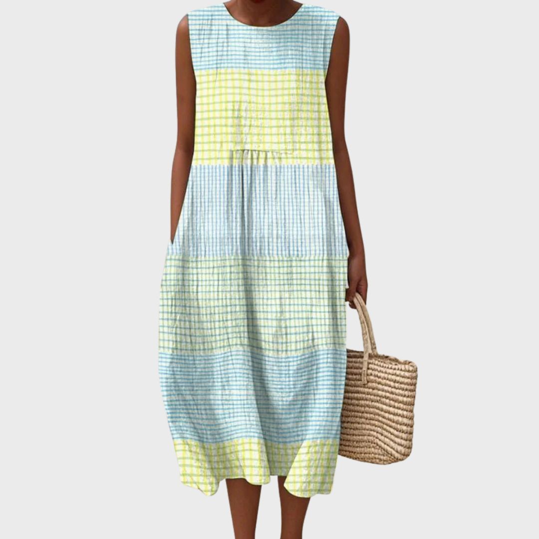 Hannah - Flowy Women's Midi Summer Dress with Round Neckline and Pockets