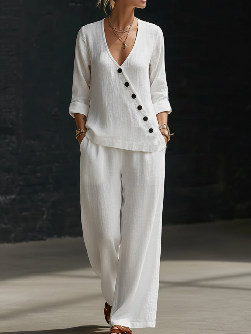 Hannah - Smart Women's Linen Set with V-Neck Diagonal Button Top and Wide-Leg Trousers