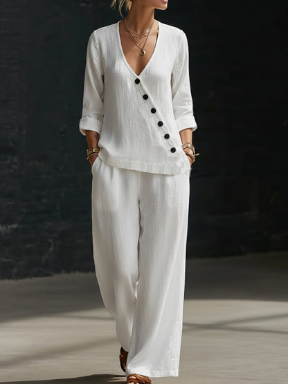Hannah - Smart Women's Linen Set with V-Neck Diagonal Button Top and Wide-Leg Trousers