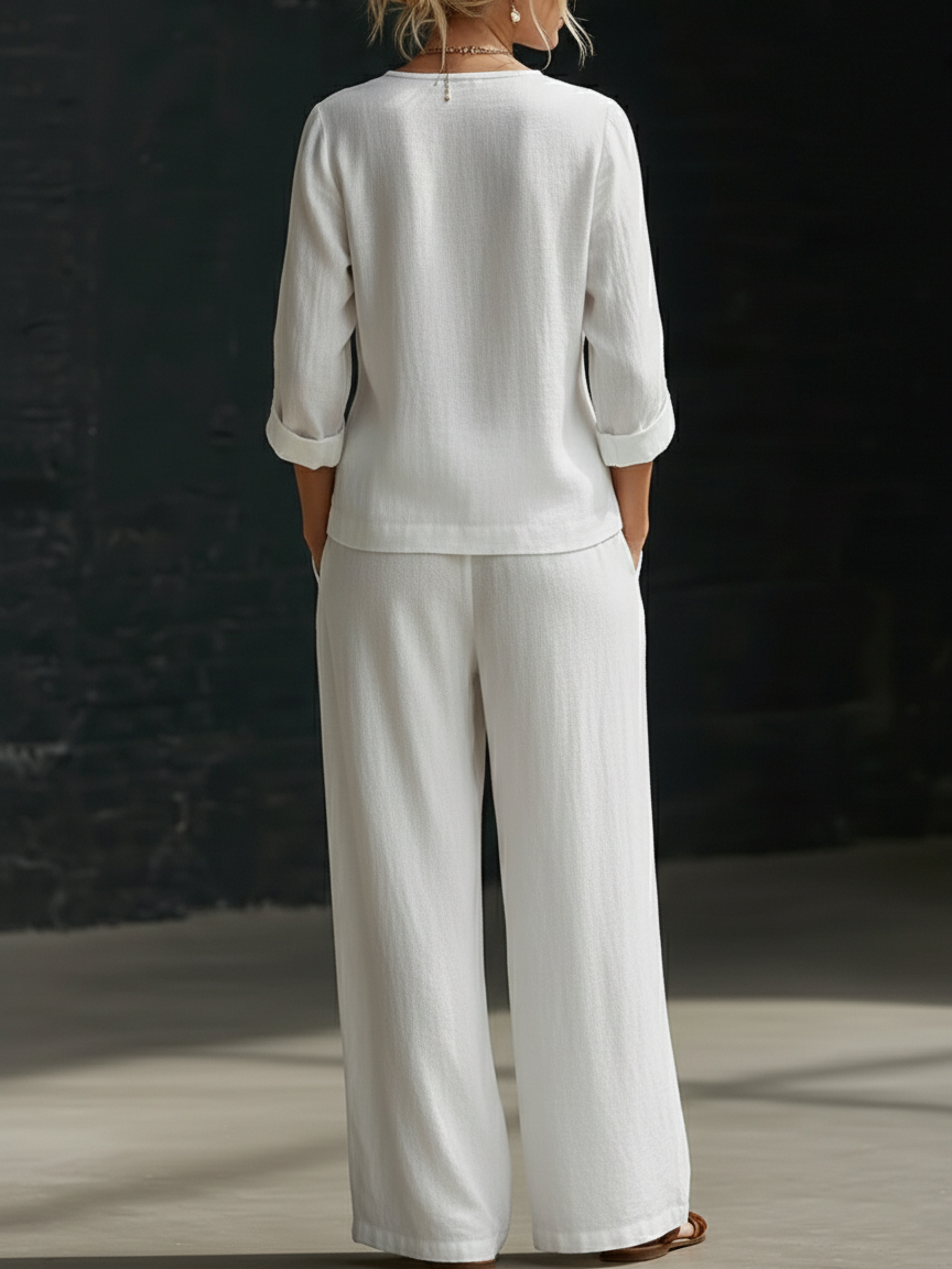 Hannah - Smart Women's Linen Set with V-Neck Diagonal Button Top and Wide-Leg Trousers