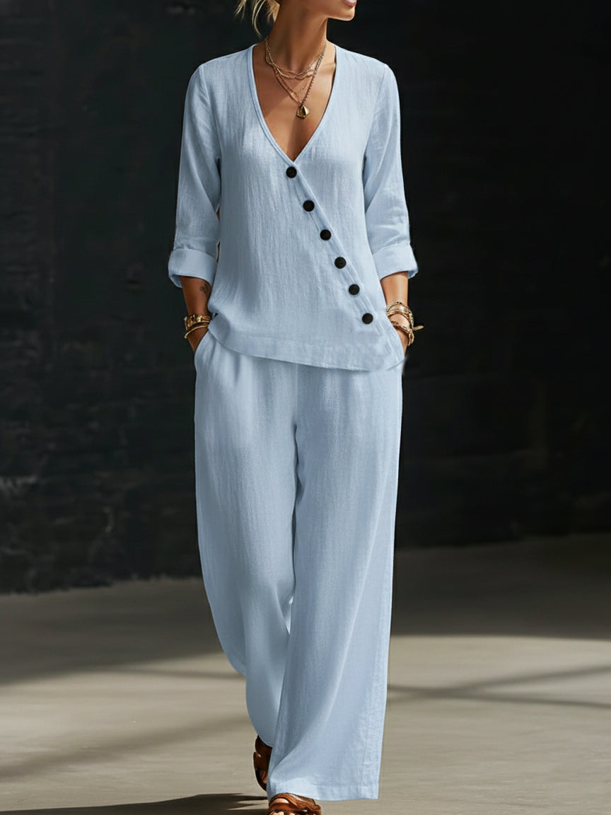 Hannah - Smart Women's Linen Set with V-Neck Diagonal Button Top and Wide-Leg Trousers