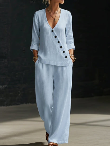 Hannah - Smart Women's Linen Set with V-Neck Diagonal Button Top and Wide-Leg Trousers