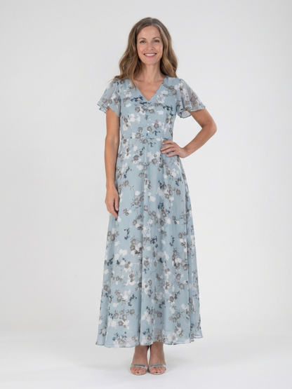Hannah - Vintage Women's Maxi Dress with Flutter Sleeves and Soft V Neck