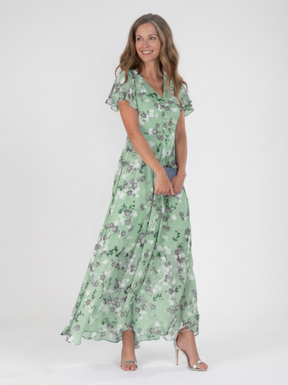 Hannah - Vintage Women's Maxi Dress with Flutter Sleeves and Soft V Neck