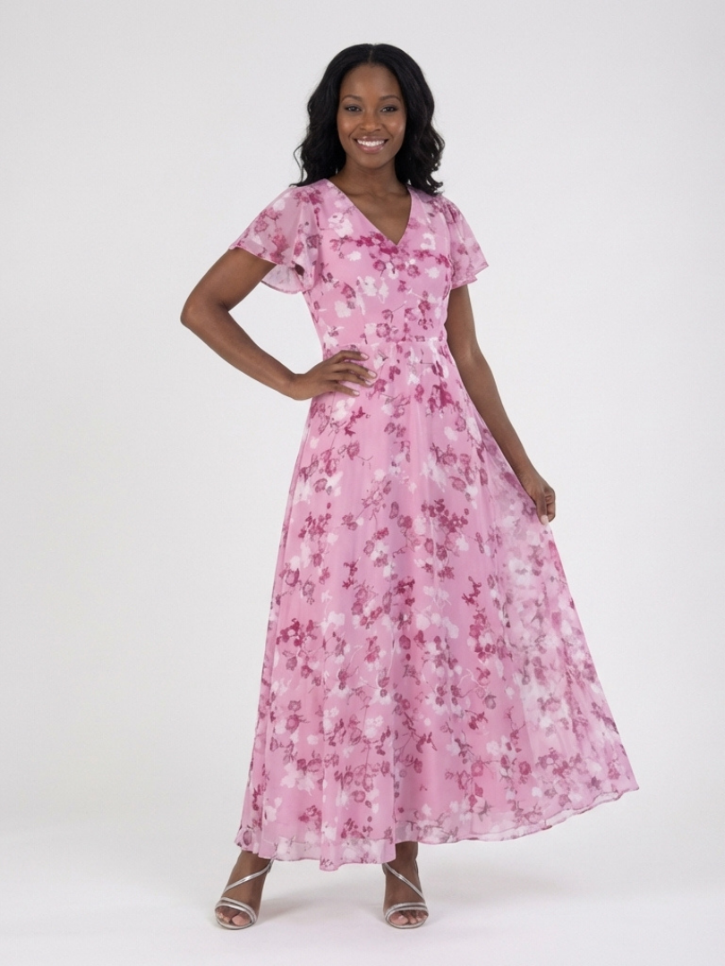 Hannah - Vintage Women's Maxi Dress with Flutter Sleeves and Soft V Neck