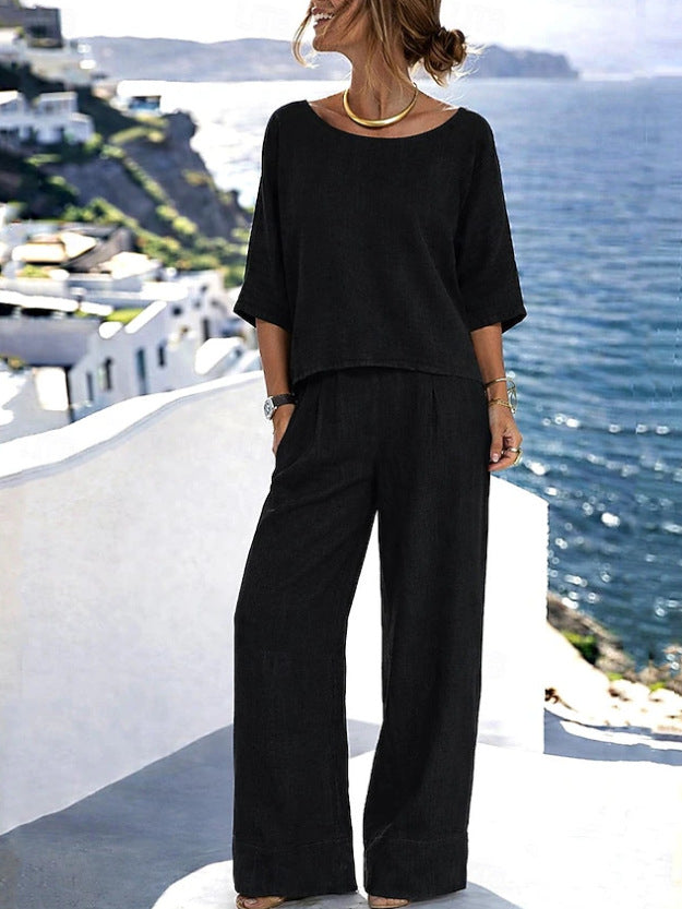 Hazel - Relaxed Women's Linen Two Piece Set with Boatneck Top and Wide Leg Trousers