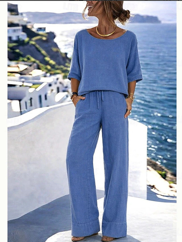 Hazel - Relaxed Women's Linen Two Piece Set with Boatneck Top and Wide Leg Trousers
