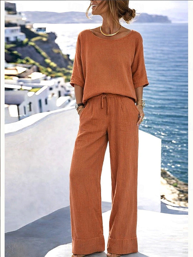 Hazel - Relaxed Women's Linen Two Piece Set with Boatneck Top and Wide Leg Trousers