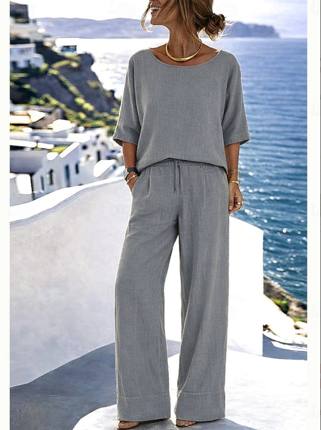 Hazel - Relaxed Women's Linen Two Piece Set with Boatneck Top and Wide Leg Trousers