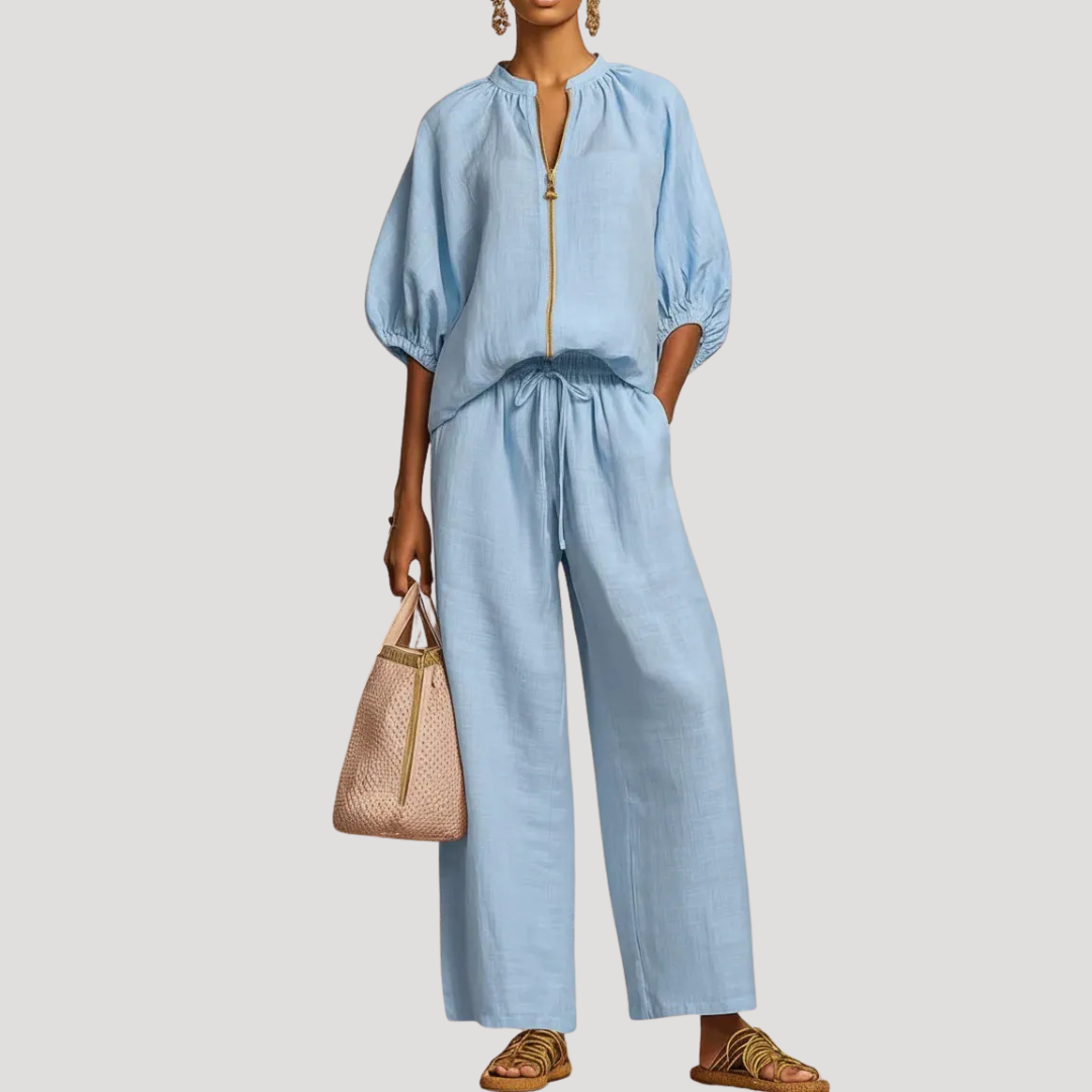 Heidi - Chic Women's Linen Co-Ord Set with Balloon Sleeve Top and Wide Leg Trousers