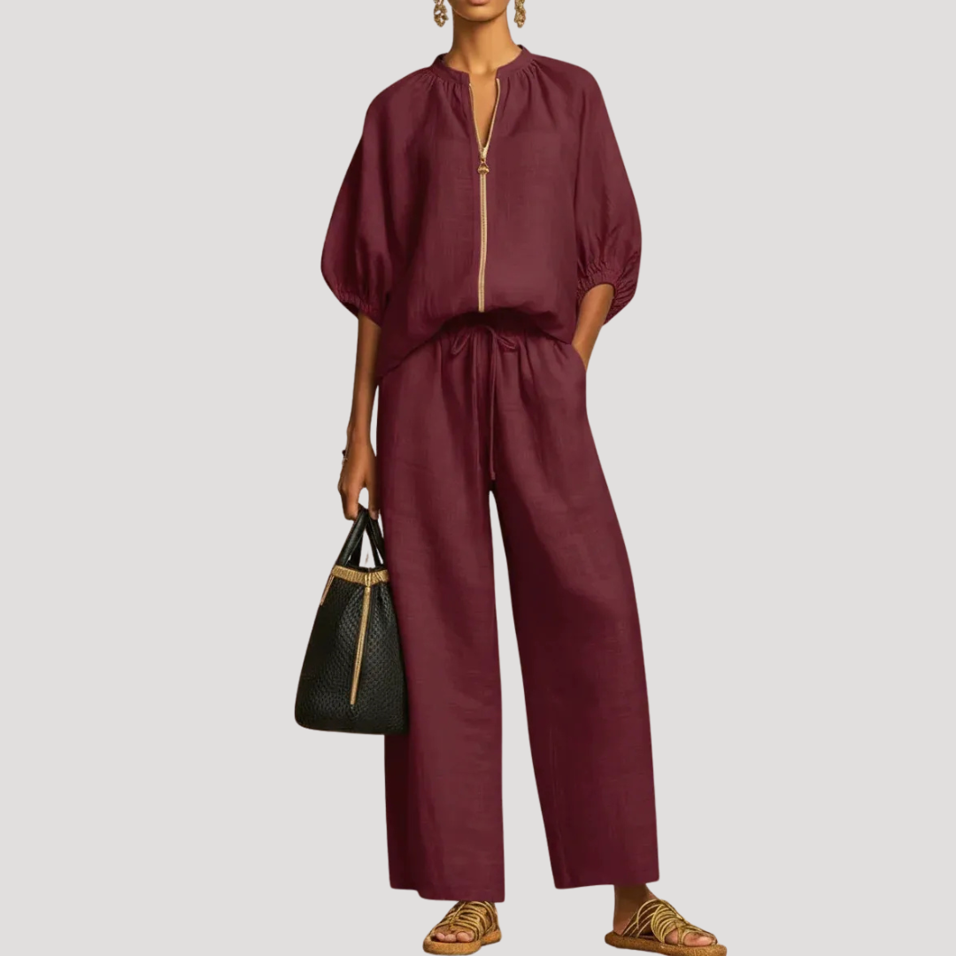 Heidi - Chic Women's Linen Co-Ord Set with Balloon Sleeve Top and Wide Leg Trousers