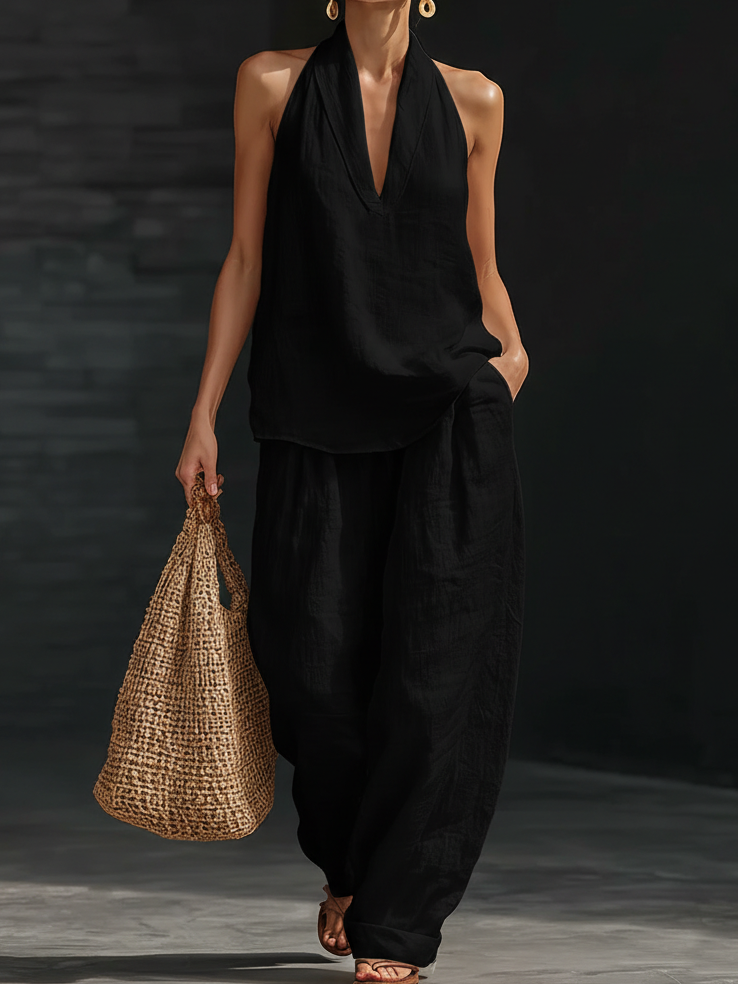 Holly - Chic Women's Linen Set with Halter Top and Wide Leg Trousers