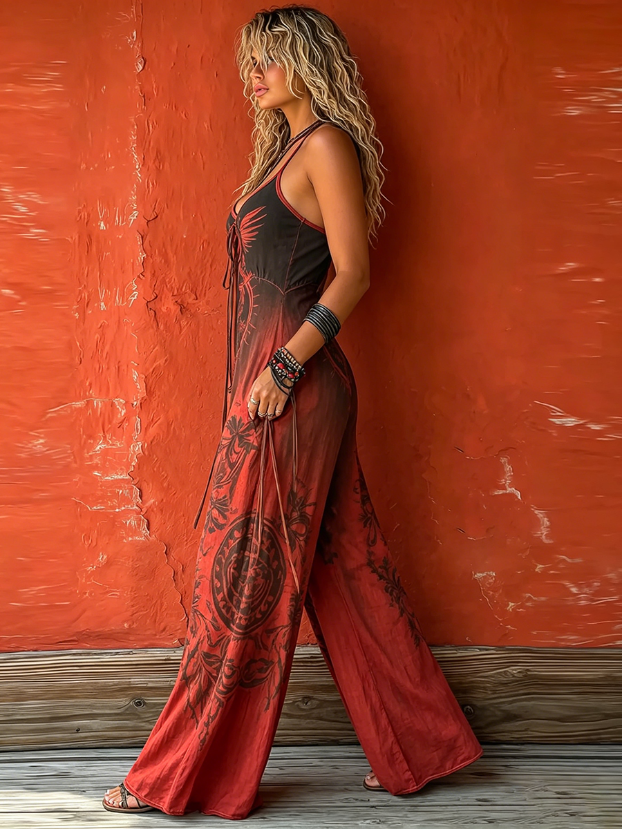 Iris - Boho Women's Linen Jumpsuit with Halter Neck and Graphic Print
