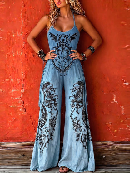 Iris - Boho Women's Linen Jumpsuit with Halter Neck and Graphic Print