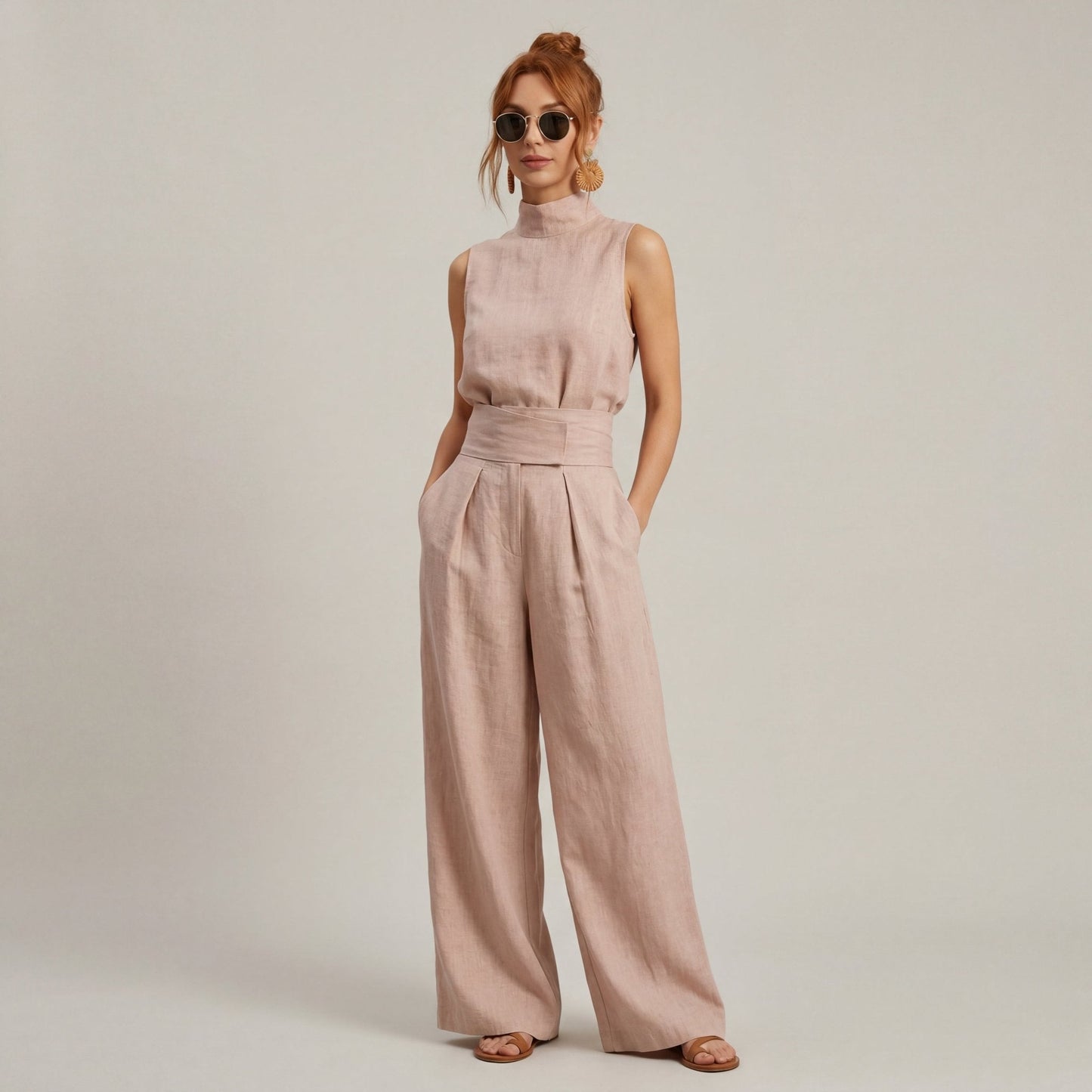 Isla - Boho Women's Linen Set with Wide Leg Trousers and Turtleneck Top