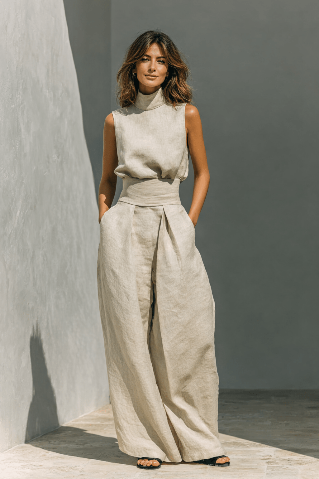 Isla - Boho Women's Linen Set with Wide Leg Trousers and Turtleneck Top