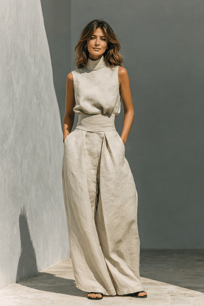 Isla - Boho Women's Linen Set with Wide Leg Trousers and Turtleneck Top