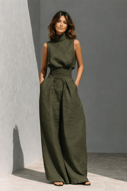 Isla - Boho Women's Linen Set with Wide Leg Trousers and Turtleneck Top