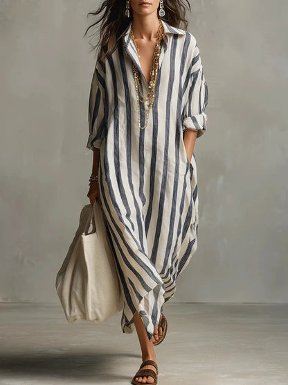 Isla - Casual Women's Linen Maxi Dress with V-Neck Collar and Roll-Up Sleeves
