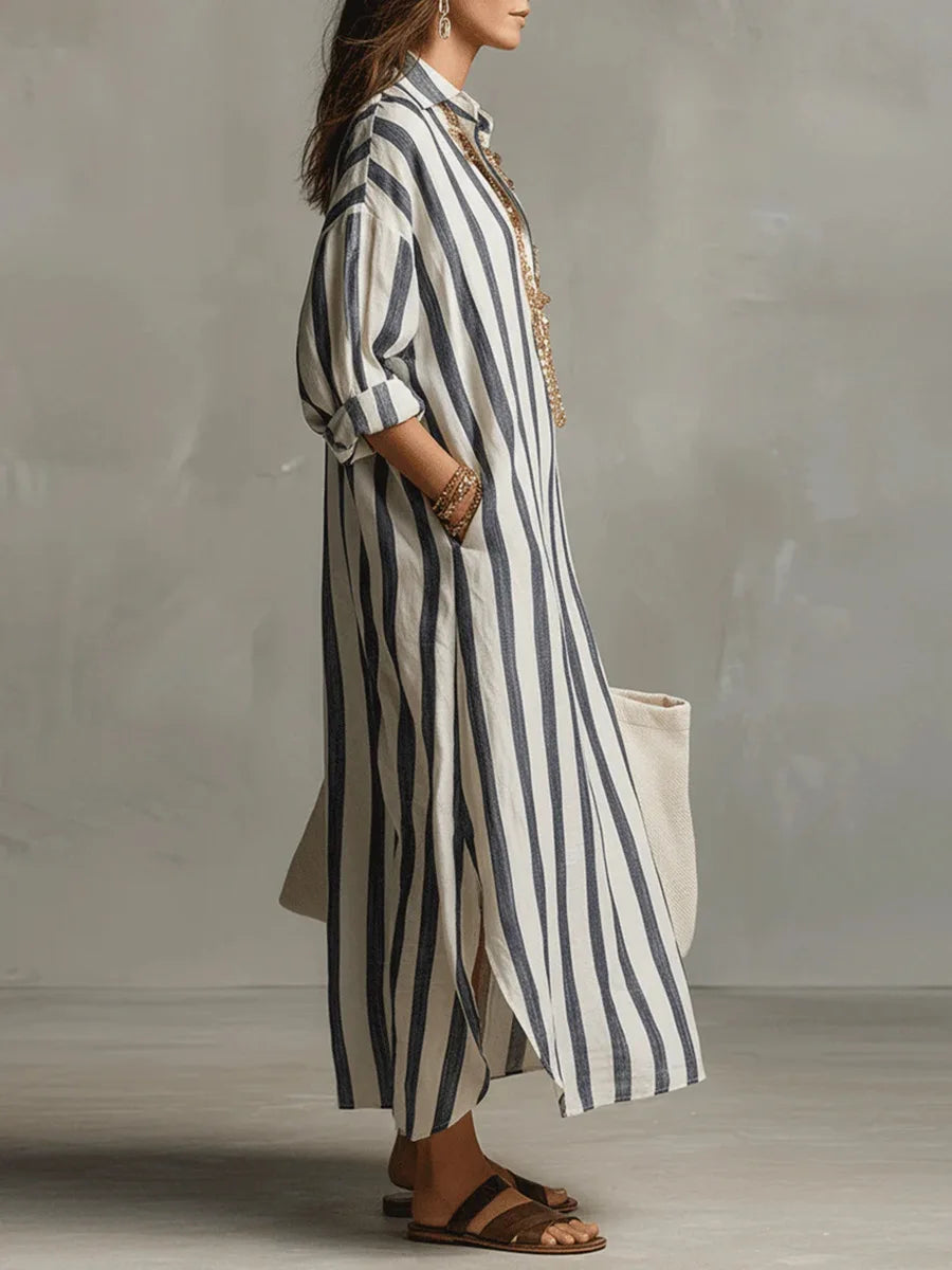 Isla - Casual Women's Linen Maxi Dress with V-Neck Collar and Roll-Up Sleeves