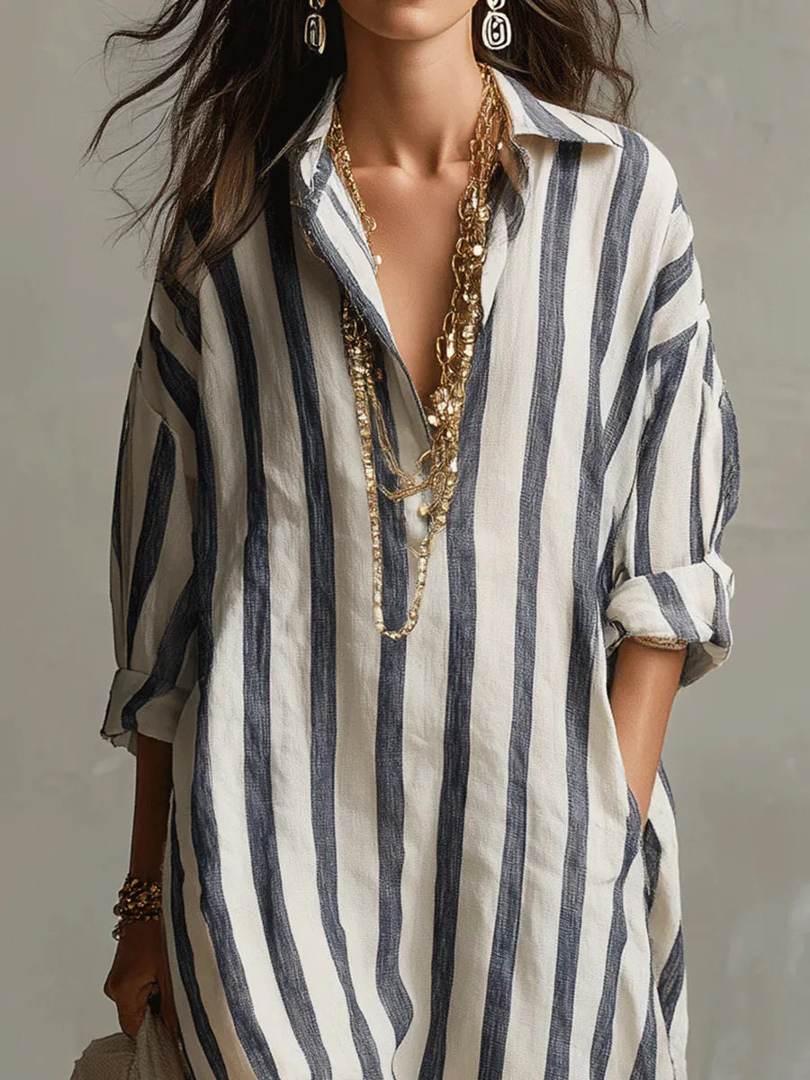 Isla - Casual Women's Linen Maxi Dress with V-Neck Collar and Roll-Up Sleeves