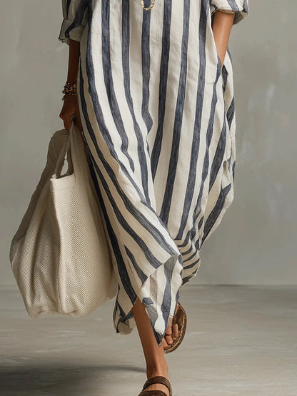 Isla - Casual Women's Linen Maxi Dress with V-Neck Collar and Roll-Up Sleeves