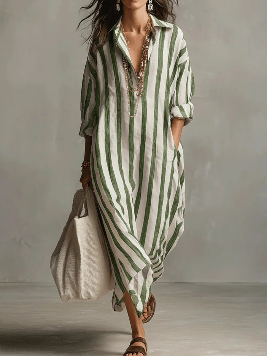 Isla - Casual Women's Linen Maxi Dress with V-Neck Collar and Roll-Up Sleeves