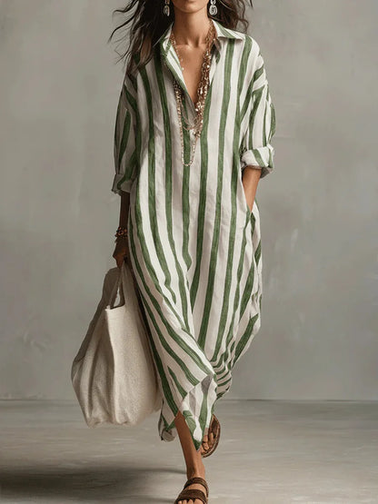 Isla - Casual Women's Linen Maxi Dress with V-Neck Collar and Roll-Up Sleeves