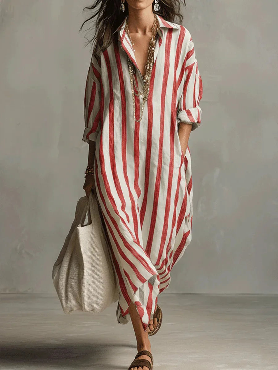 Isla - Casual Women's Linen Maxi Dress with V-Neck Collar and Roll-Up Sleeves