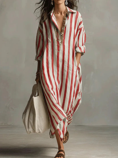 Isla - Casual Women's Linen Maxi Dress with V-Neck Collar and Roll-Up Sleeves